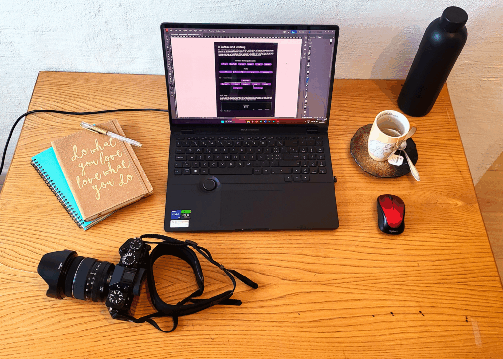 Arbeitsplatz mit Laptop, Kamera, Notizbüchern, Teetasse, Wasserflasche und Maus.