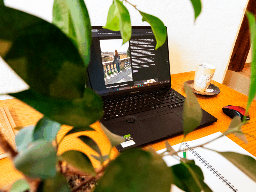 Laptop auf Holztisch hinter einer Pflanze, daneben Notizbuch, Tasse und Maus.