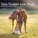 Frau steht neben Fuchsfarbenem Pferd auf einer Wiese in der Morgensonne. Eine Colliehündin liegt aufmerksam daneben. Text ist auf dem Bild oben sichtbar.